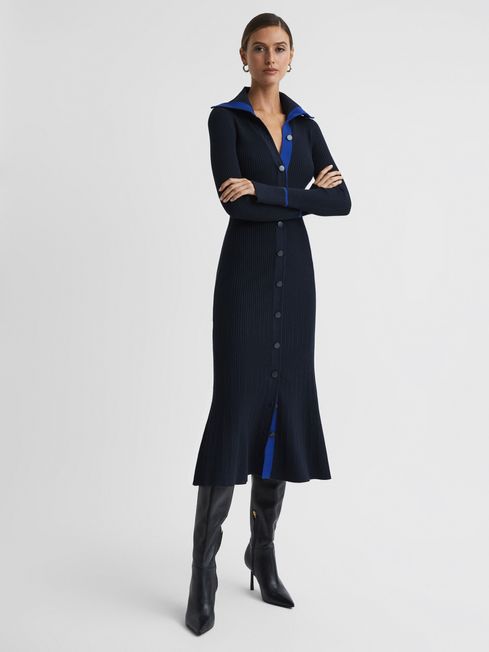 Reiss Navy/Blue Millie Knitted Ribbed Midi Dress