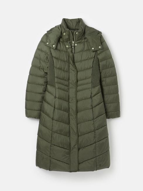 Pembury Khaki Green Showerproof Long Padded Coat With Hood Joules