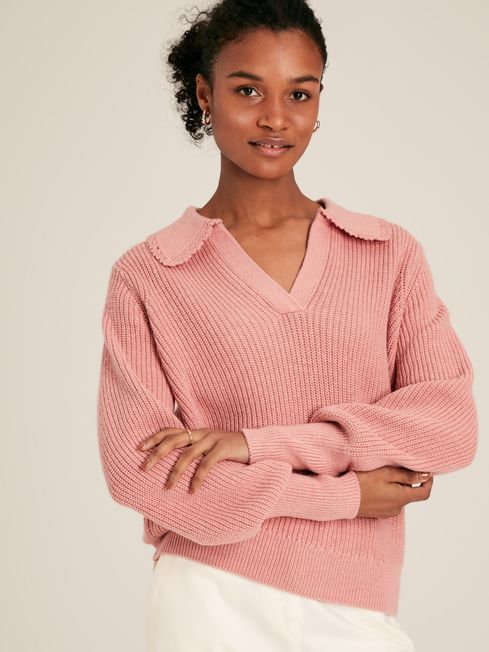 Evangeline Pink Rib Knit Jumper With Crochet Collar Joules