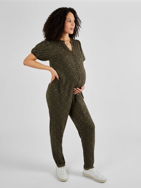 Animal Print Maternity Jumpsuit in Khaki