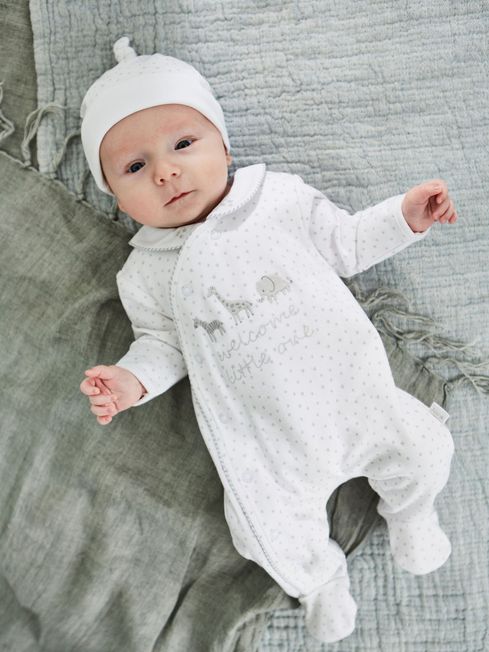 Buy White Welcome Little One Cotton Baby Sleepsuit from the JoJo Maman Bebe UK online shop