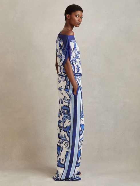 Reiss Blue Diana Tile Print Off-The-Shoulder Jumpsuit
