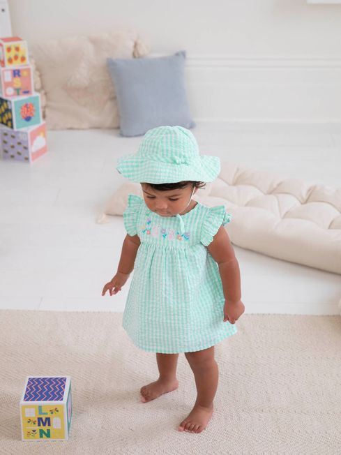JoJo Maman B b Duck Egg 3 Piece Gingham Bunny Embroidered Dress With Knickers Floppy Hat Set