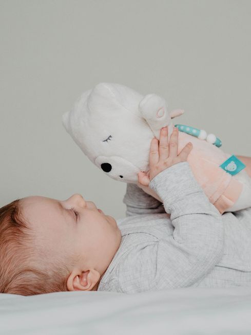 Baby Sleep Soother Teddy Bear (Boy) by myHummy - Plush Sound Machine with 5  White Noise Sound Options - 60 Minute or 12 Hour Continuous Options