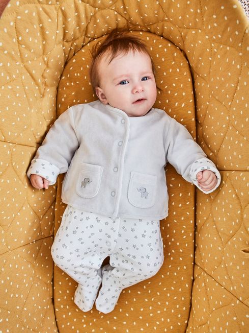 JoJo Maman B b Grey Elephant 2 Piece Baby Sleepsuit Velour Jacket Set