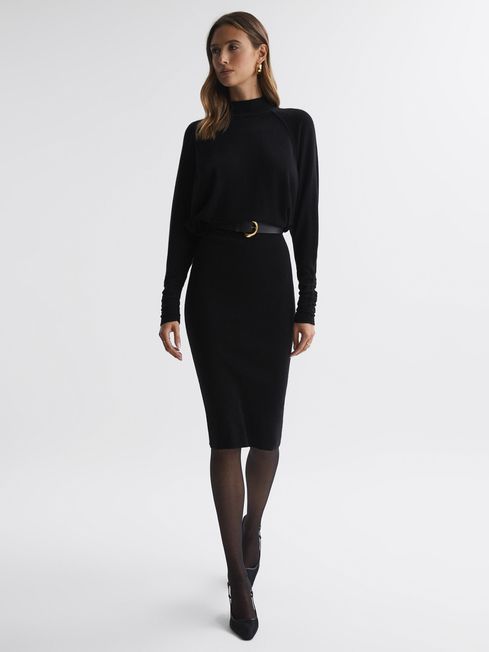 Reiss Black Freya Knitted Long Sleeve Midi Dress