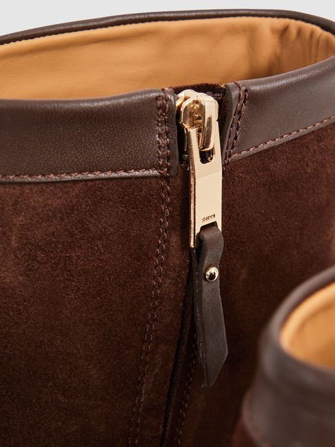 Suede Zip-Through Boots in Brown