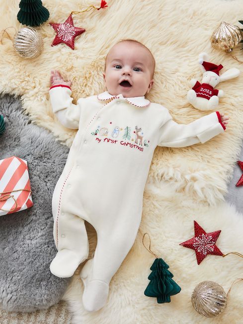 JoJo Maman Bébé Navy Ecru Stripe My First Christmas Appliqué Baby All-In-One