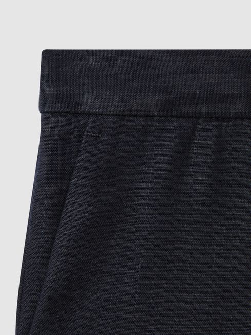 Senior Slim Fit Linen Adjustable Trousers in Navy