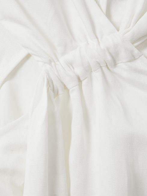 Linen Blend Drape Midi Dress in White