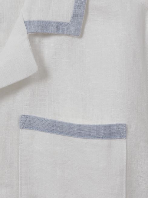 Teen Linen Contrast Cuban Collar Shirt in White/Soft Blue