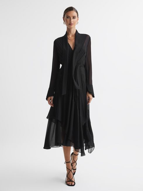 Reiss Black Callie Belted Ruffle Midi Dress