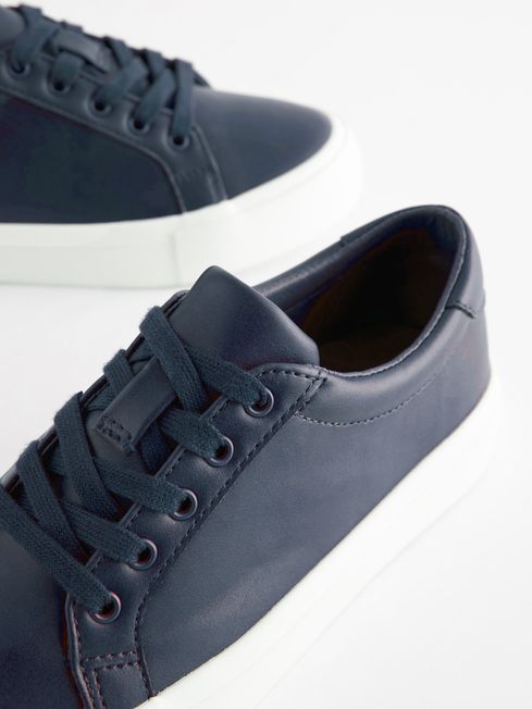 Navy blue leather sneakers womens deals