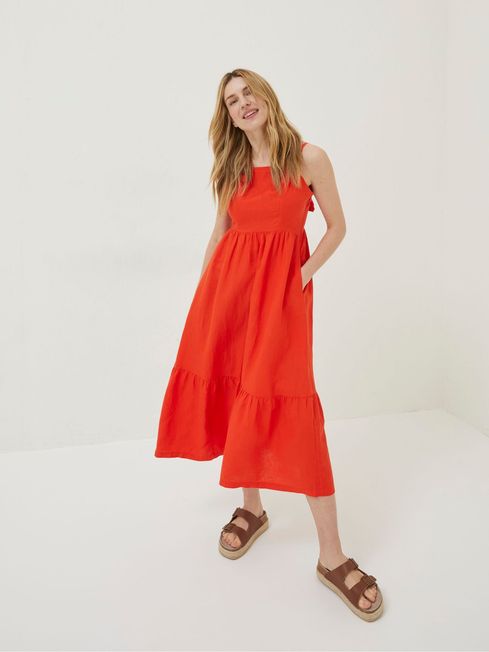 Red linen midi dress on sale