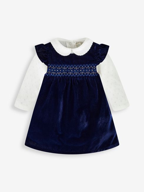 JoJo Maman Bébé Navy Blue Girls' 2-Piece Velvet Smocked Baby Dress & Body Set