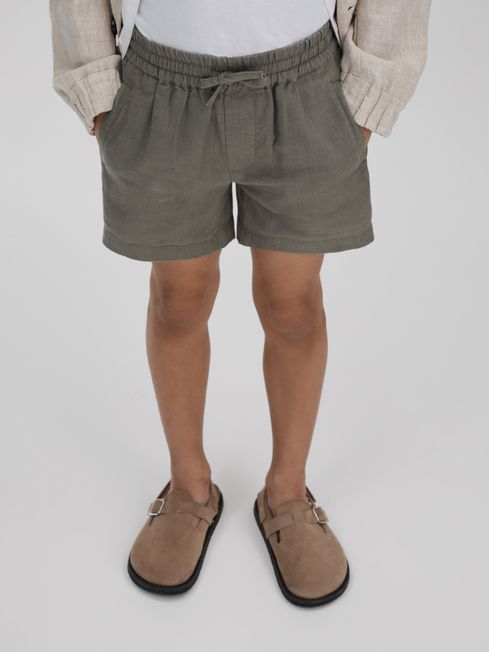 Reiss Khaki Acen Linen Drawstring Shorts