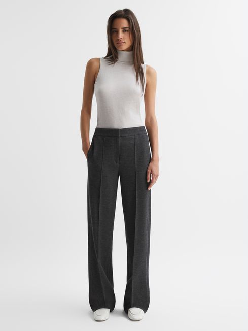 Reiss Grey Melange Iria Wool Blend Wide Leg Suit Trousers