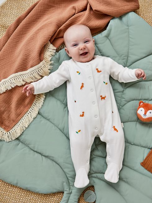 JoJo Maman Bébé Woodland Embroidered Cotton Baby Sleepsuit