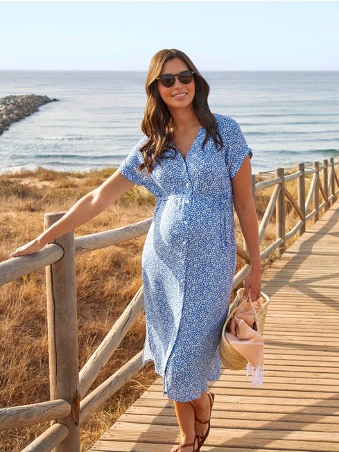 Blue Animal Print Button Through Midi Dress JoJo Maman Bebe United Kingdom