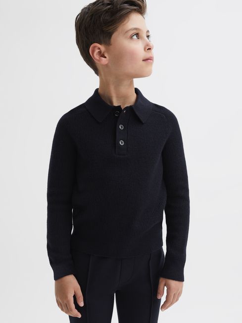 Reiss Navy Holms Junior Merino Wool Polo Shirt