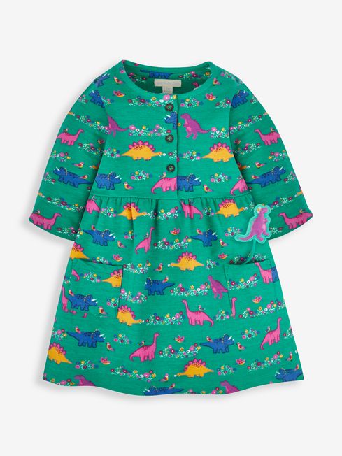 JoJo Maman Bébé Green Dino & Bird Girls' Button Front Dress