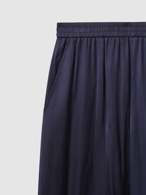 Satin Elasticated Waist Wide Leg Trousers in Navy