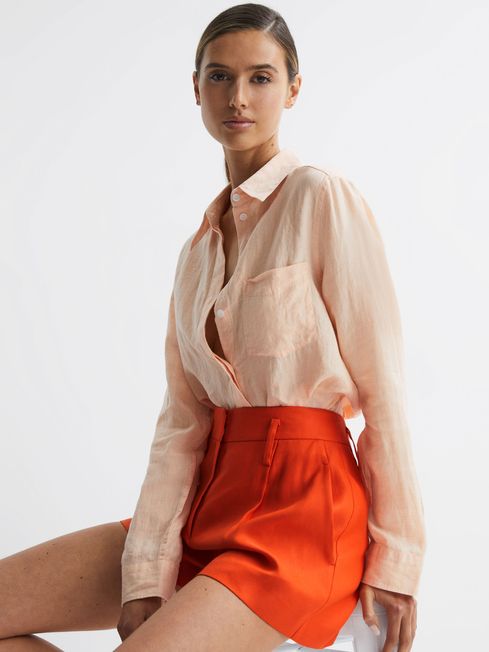 Linen Pleat Front Shorts in Orange