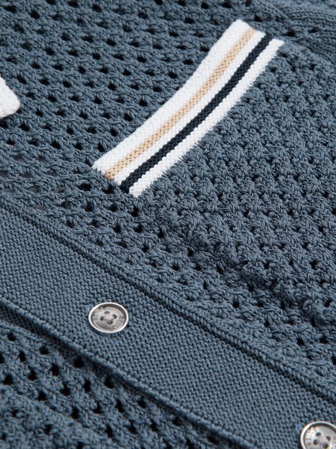 Senior Crochet Contrast Trim Shirt in Airforce Blue