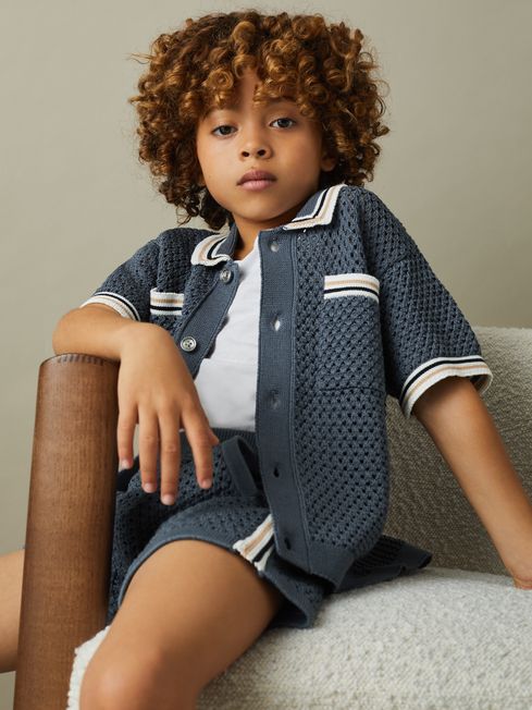 Reiss Airforce Blue Coulson Junior Crochet Contrast Trim Shirt