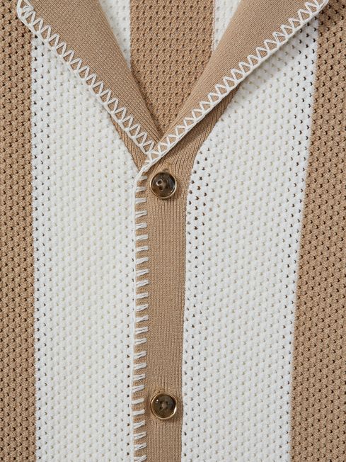 Knitted Cuban Collar Shirt in Stone/Optic White