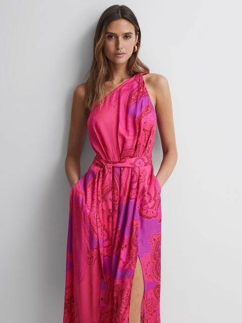 Reiss Pink Mila One Shoulder Paisley Maxi Dress