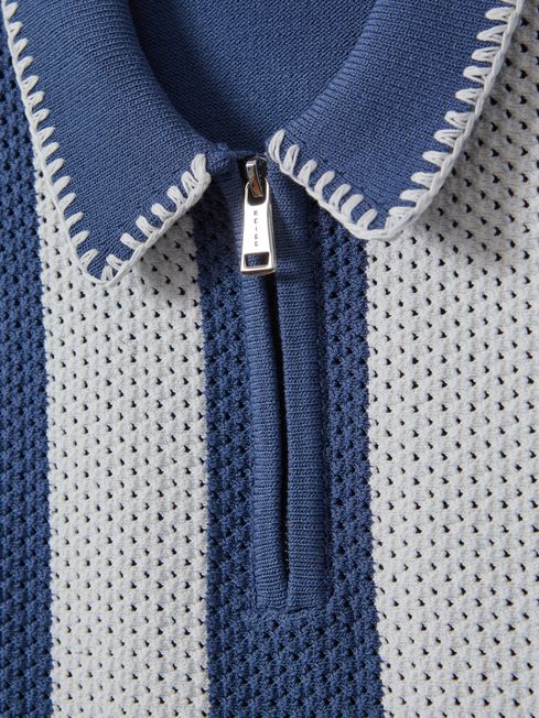 Knitted Striped Half Zip Polo Shirt in Airforce Blue/Ecru