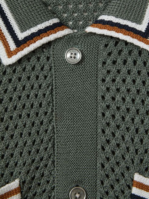Cotton Blend Crochet Shirt in Dark Sage Green