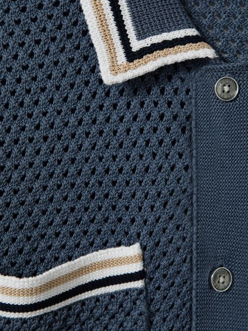 Cotton Blend Crochet Shirt in Airforce Blue