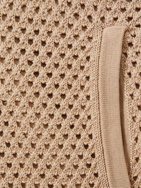 Cotton Blend Crochet Drawstring Shorts in Soft Taupe
