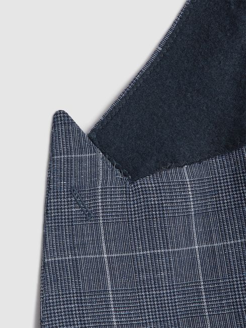 Slim Fit Wool Linen Check Double Breasted Blazer in Indigo