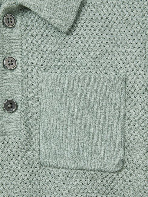 Senior Textured Cotton Polo Shirt in Sage Melange