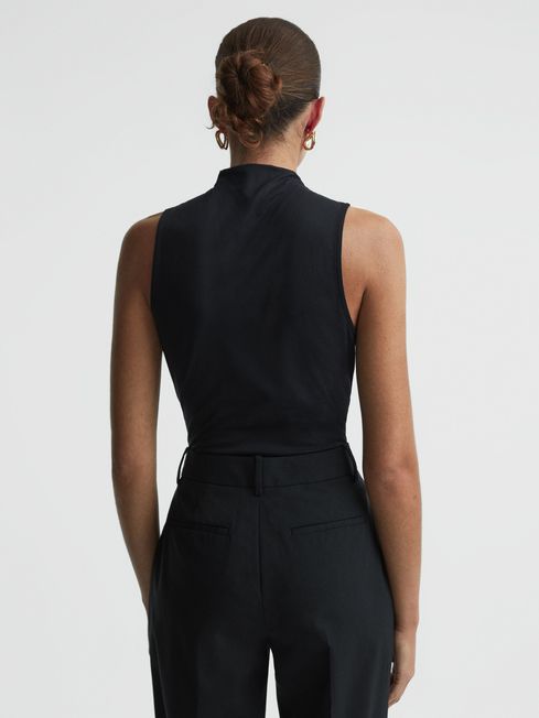 Fitted Ruched High-Neck Top in Black