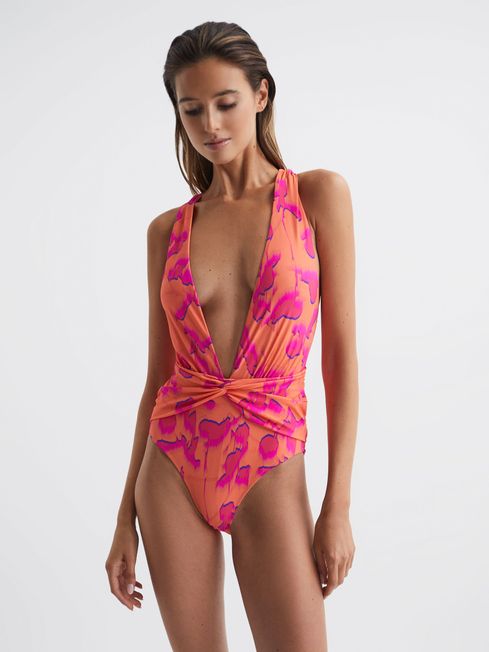 Reiss Isla Floral Print Plunge Neck Swimsuit - REISS