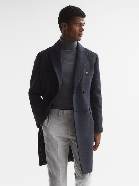 Double Breasted Long Wool Overcoat in Airforce Blue Melange