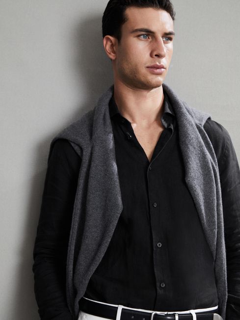 Linen Button-Through Shirt in Black