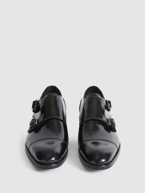 Reiss Black Rivington High Shine Leather Monk Strap Shoes
