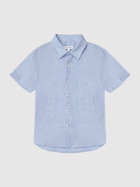 Reiss Soft Blue Holiday Junior Short Sleeve Linen Shirt