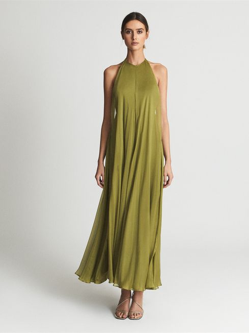 Reiss Lime Jude Halterneck Silk Maxi Dress