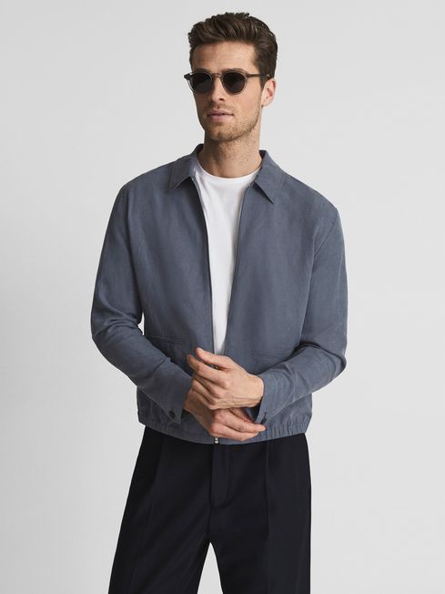 Linen Blend Bomber Jacket in Steel Blue