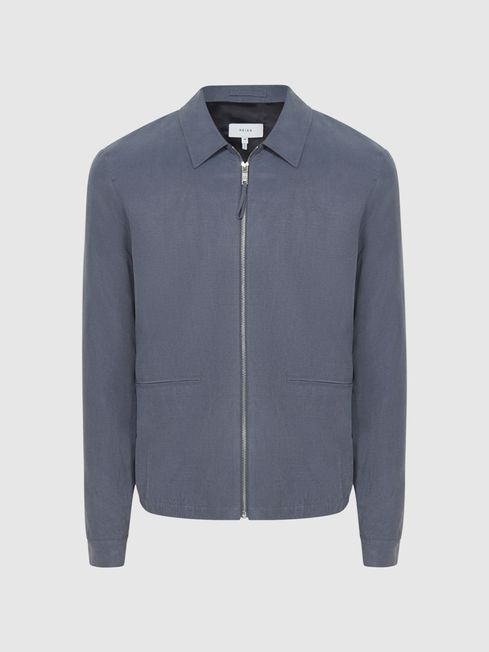 Linen Blend Bomber Jacket in Steel Blue