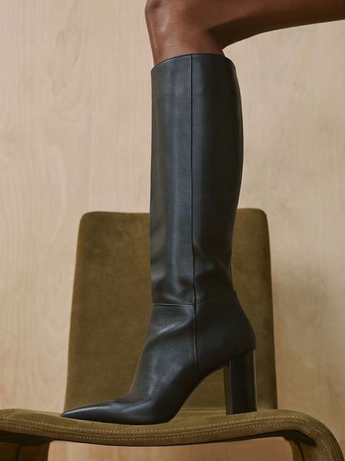 Block Heel Knee High Boots in Black REISS