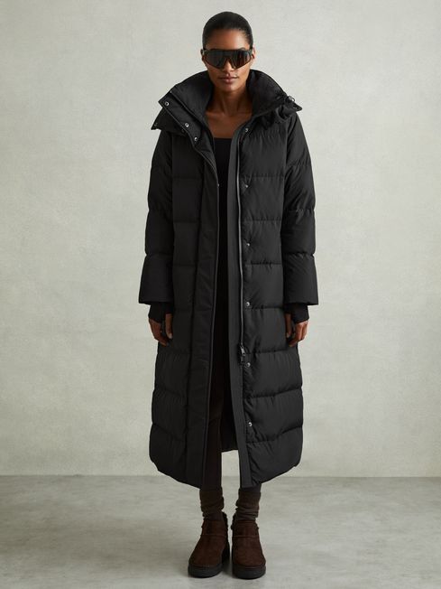 Petite Longline Hooded Puffer Coat in Black REISS