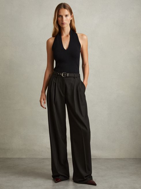 Black belted wide leg trousers best sale