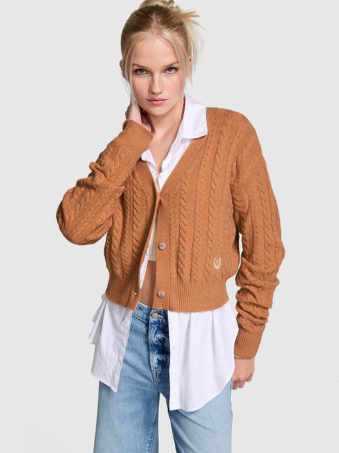 Toffee Brown Cropped Cable Knit Cardigan